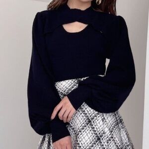 Japanese Style Black Mock Neck Cutout Sweater with Balloon Sleeves